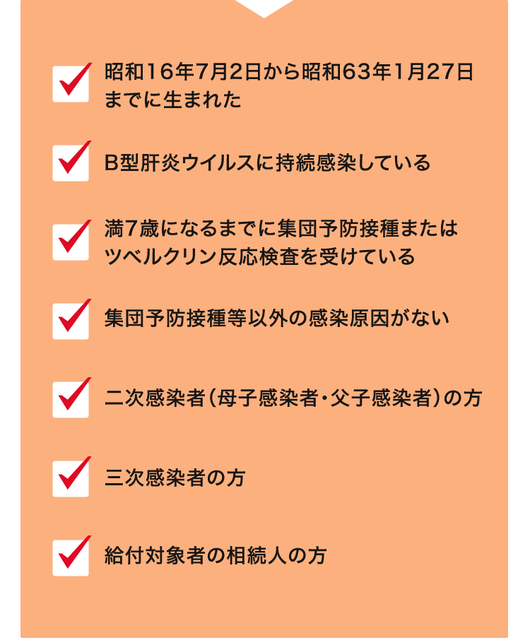 ・昭和16年7月2日から昭和63年1月27日までに生まれた ・Ｂ型肝炎ウイルスに持続感染している ・満7歳になるまでに集団予防接種またはツベルクリン反応検査を受けている ・集団予防接種等以外の感染原因がない ・二次感染者（母子感染者・父子感染者）の方 ・三次感染者の方 ・給付対象者の相続人の方