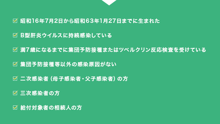 昭和16年7月2日から昭和63年1月27日までに生まれた B型肝炎ウイルスに持続感染している 満7歳になるまでに集団予防接種またはツベルクリン反応検査を受けている 集団予防接種等以外の感染原因がない 二次感染者(母子感染者・父子感染者)の方 三次感染者の方 給付対象者の相続人の方