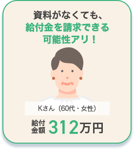 資料がなくても、給付金を請求できる可能性アリ！	Kさん（60代・女性）給付金額312万円